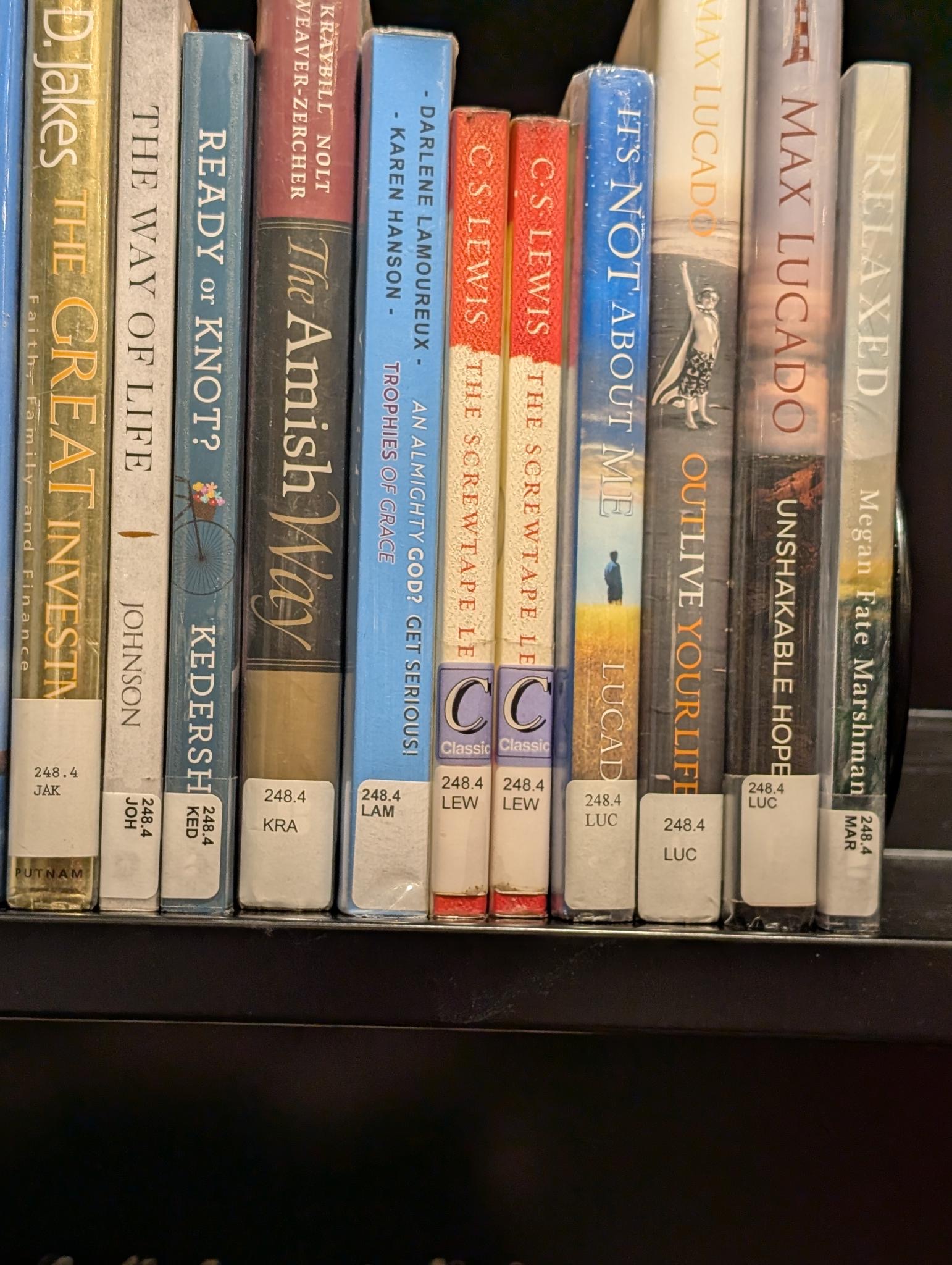 Photo of author's book next to others on library shelf in Searcy, Arkansas