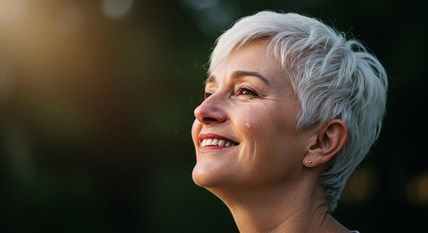 A middle age woman with a pixie cut smiling to the sky and has a single tear rolling down her cheek 
