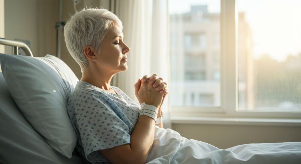 A middle age woman praying while in a hospital bed 
